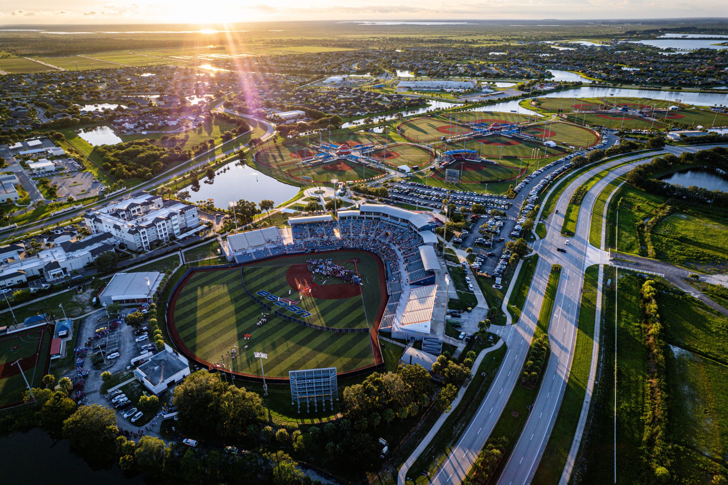 Aerial view of the Space Coast Complex at sunset